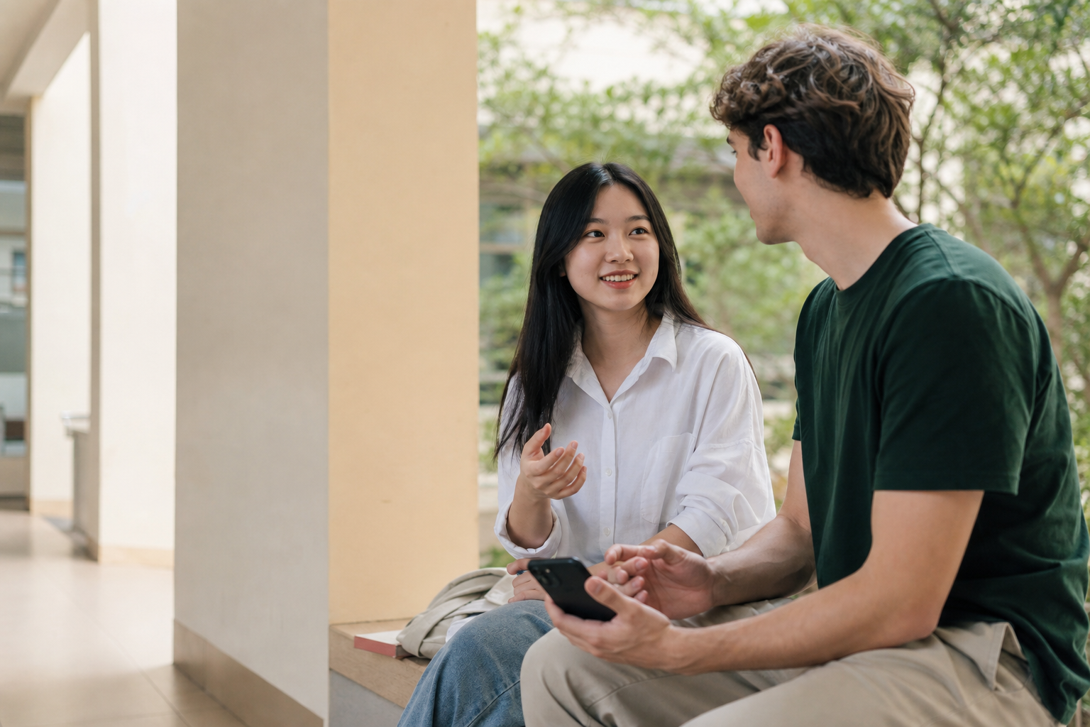 Hai sinh viên trò chuyện cùng nhau tại khuôn viên trường đại học